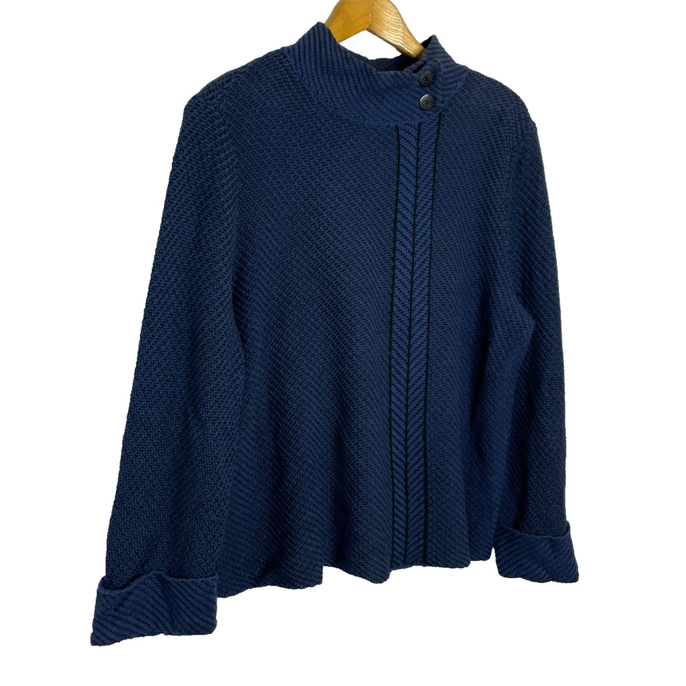 Women's Large Habitat Blue Knit Herringbone Mock Neck Lagenlook Sweater - Picture 2 of 5